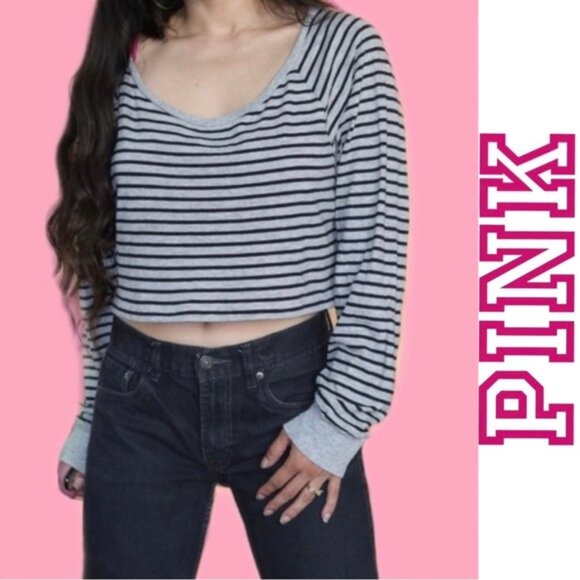 Victoria’s Secret PINK | Grey & Black Long Sleeve Striped Slouch | Size Small - Picture 1 of 8